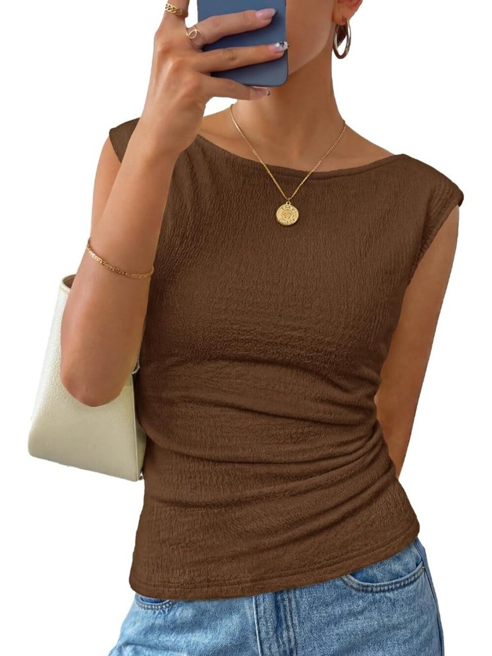 Women's Coffee Cap Sleeve Boat Neck Slim Fit Pull On Casual Summer Tank Tops